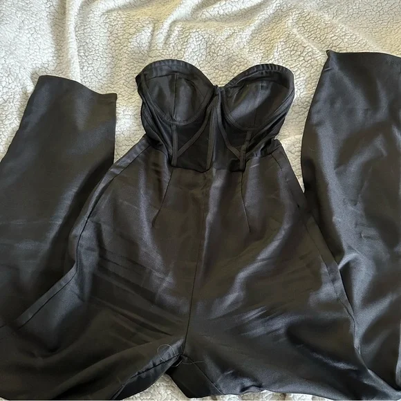 BLACK Bandeau Mesh Insert Cup Detail Jumpsuit
